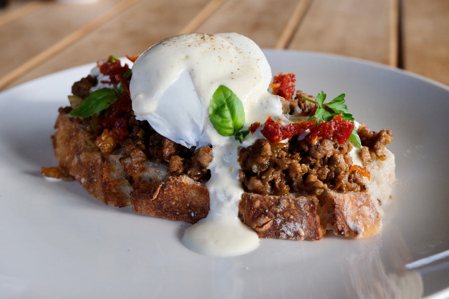 Spiced Lamb Mince on Sourdough with a poached egg and chilli yoghurt